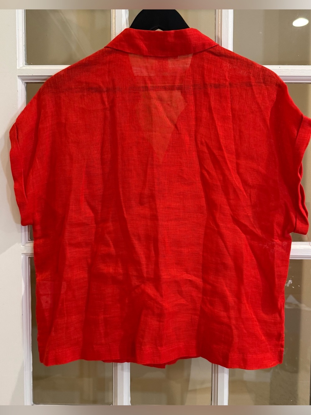 C& C California 100% Linen Fire Engine Red Button Down Cap Sleeves Blouse Medium View 2